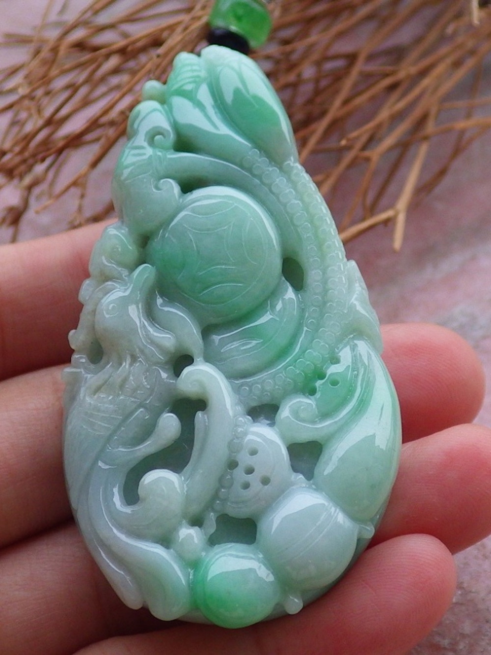 Certified Natural Burma A Jade jadeite Phoenix Lotus Pendant Necklace